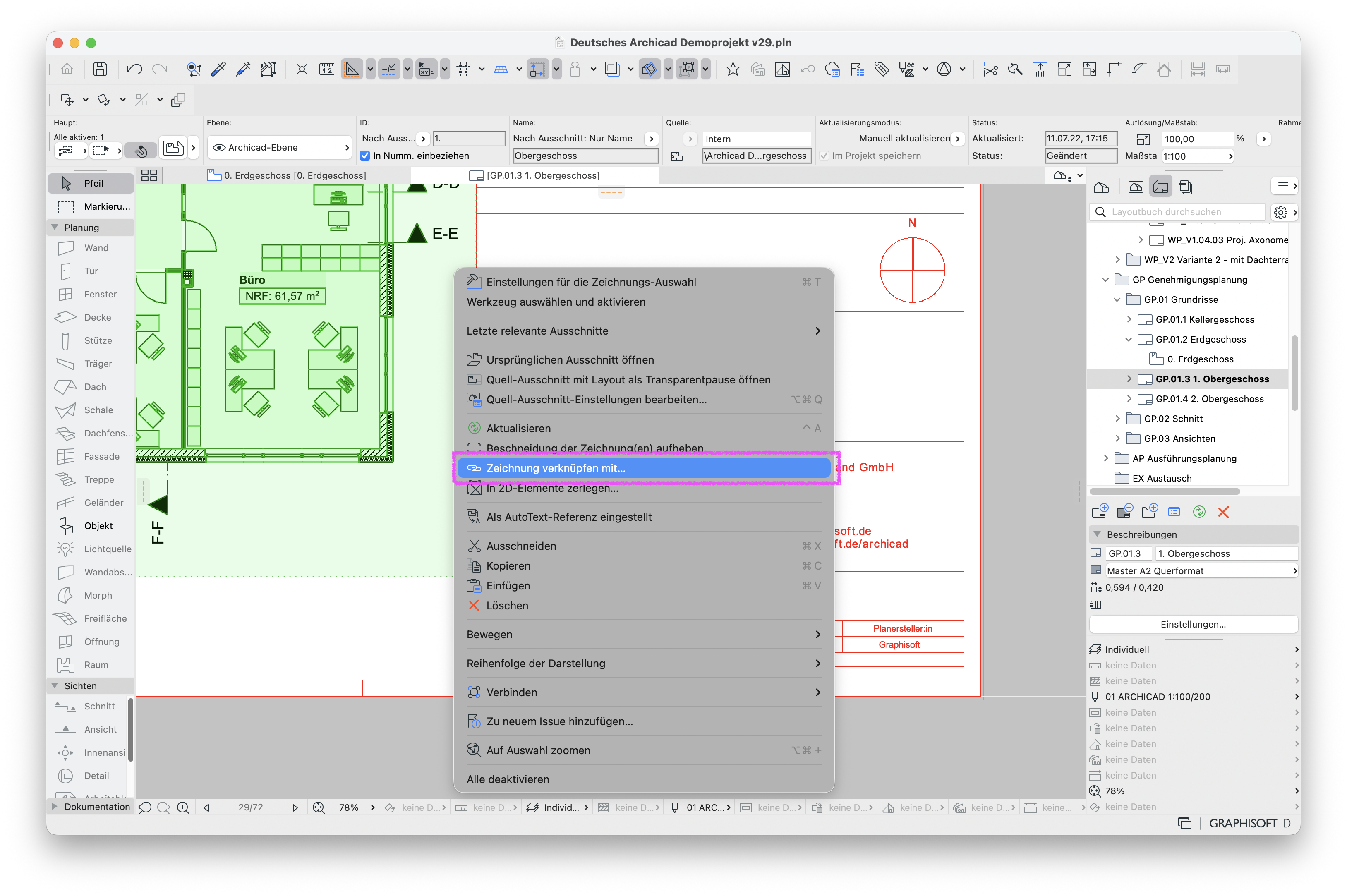 Archicad-Programmfenster mit offnen Layout, auf dem eine Zeichnung per 'Zeichnung verknüpfen mit...' neu mit einen Ausschnitt verknüpft wird.
