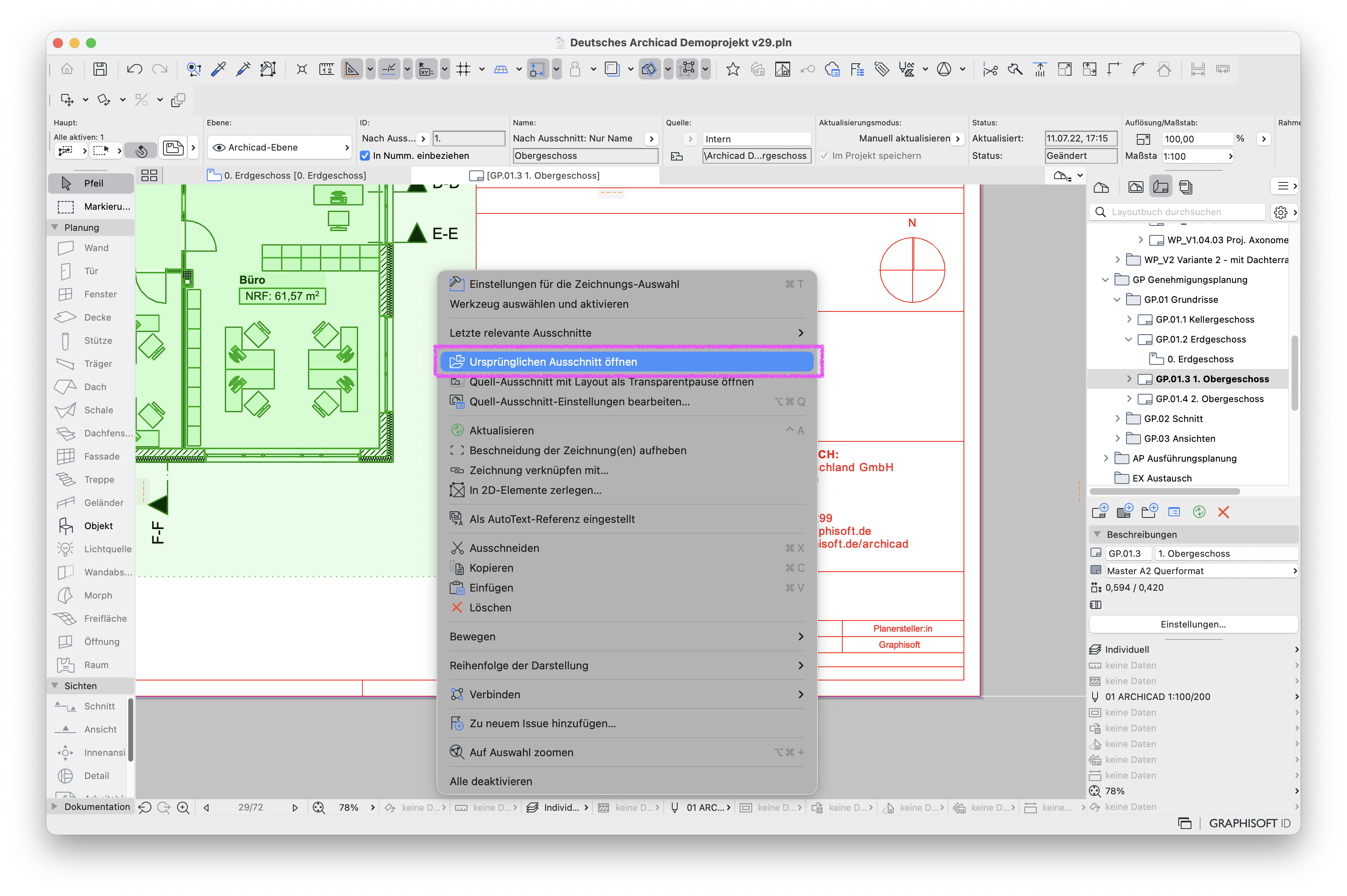 Archicad-Programmfenster mit offnen Layout, auf dem aus der Zeichnung per 'Ursprünglichen Ausschnitt öffnen' der tatsächlich gelayoutete Ausschnitt geöffnet wird.