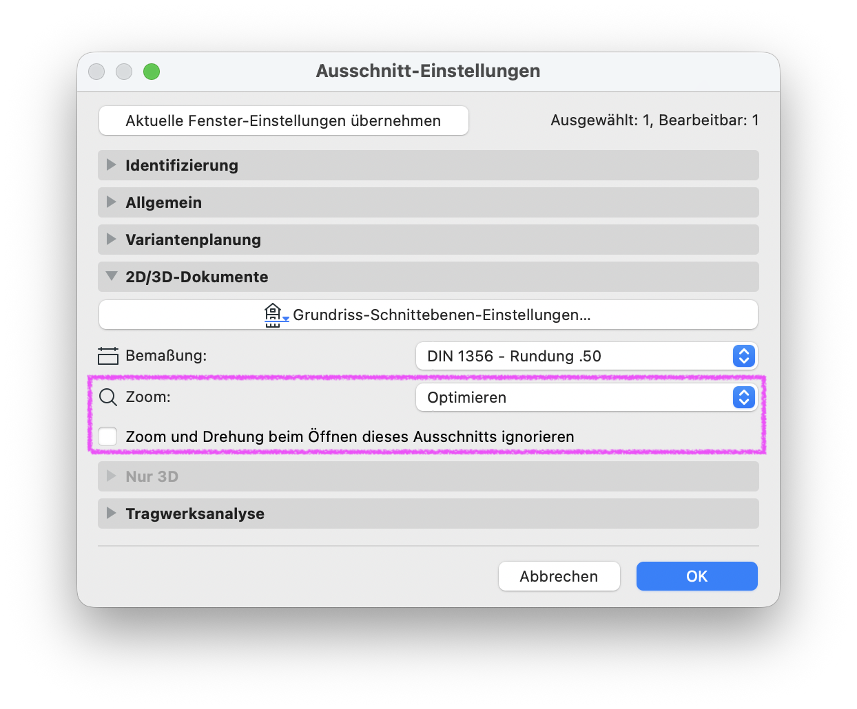 Ausschnitt-Einstellungen mit offnen Reiter '2D/3D-Dokumente' mit hervorgehobenen 'Zoom:' und deaktivierten 'Zoom und Drehung beim Öffnen dieses Ausschnitts ignorieren'.