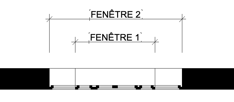 Schéma de coupe d’un mur avec une large baie vitrée centrée, accompagné de deux lignes de cote horizontales au-dessus indiquant la largeur de “FENÊTRE 2” (en haut) et une largeur plus courte “FENÊTRE 1” (en bas), chacune délimitée par des traits de repère aux extrémités.