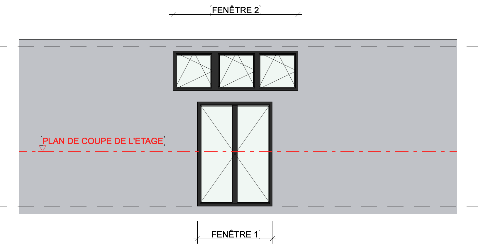 Élévation de façade montrant un grand mur gris avec, au centre, une large porte-fenêtre double (FENÊTRE 1) et trois petites fenêtres rectangulaires alignées au-dessus (FENÊTRE 2), plus une ligne de coupe horizontale en pointillés rouges légendée « PLAN DE COUPE DE L’ETAGE ».