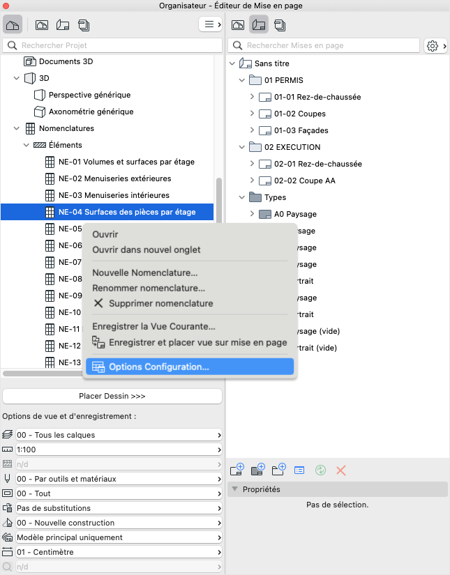 Janela do Archicad “Organizador – Editor de Leiautes” mostrando a árvore de nomenclaturas à esquerda e os leiautes à direita, com a nomenclatura “NE-04 Superfícies dos ambientes por pavimento” selecionada e um menu contextual aberto, exibindo opções como “Abrir”, “Nova Nomenclatura…”, “Excluir nomenclatura” e a opção “Opções de Configuração…” destacada na parte inferior.