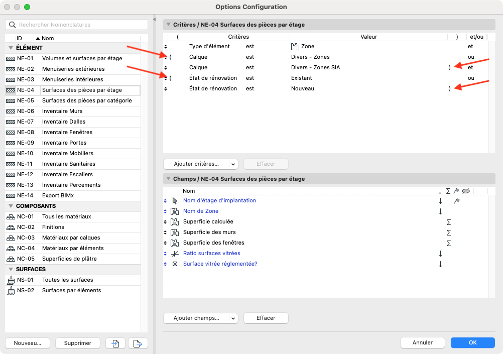 Janela do Archicad “Opções de Configuração” para a nomenclatura “NE-04 Superfícies dos ambientes por pavimento”, com a lista de nomenclaturas à esquerda, onde “NE-01 Volumes e superfícies por pavimento” e “NE-03 Marcenarias internas” estão indicadas por setas vermelhas, e ao centro os critérios de filtro mostrando o tipo de elemento Zona, duas condições de vegetal e duas condições de “Estado de Renovação” agrupadas por parênteses e conectadas pelos operadores “e” / “ou”, também indicados por setas vermelhas, enquanto os campos da nomenclatura aparecem na parte inferior.
