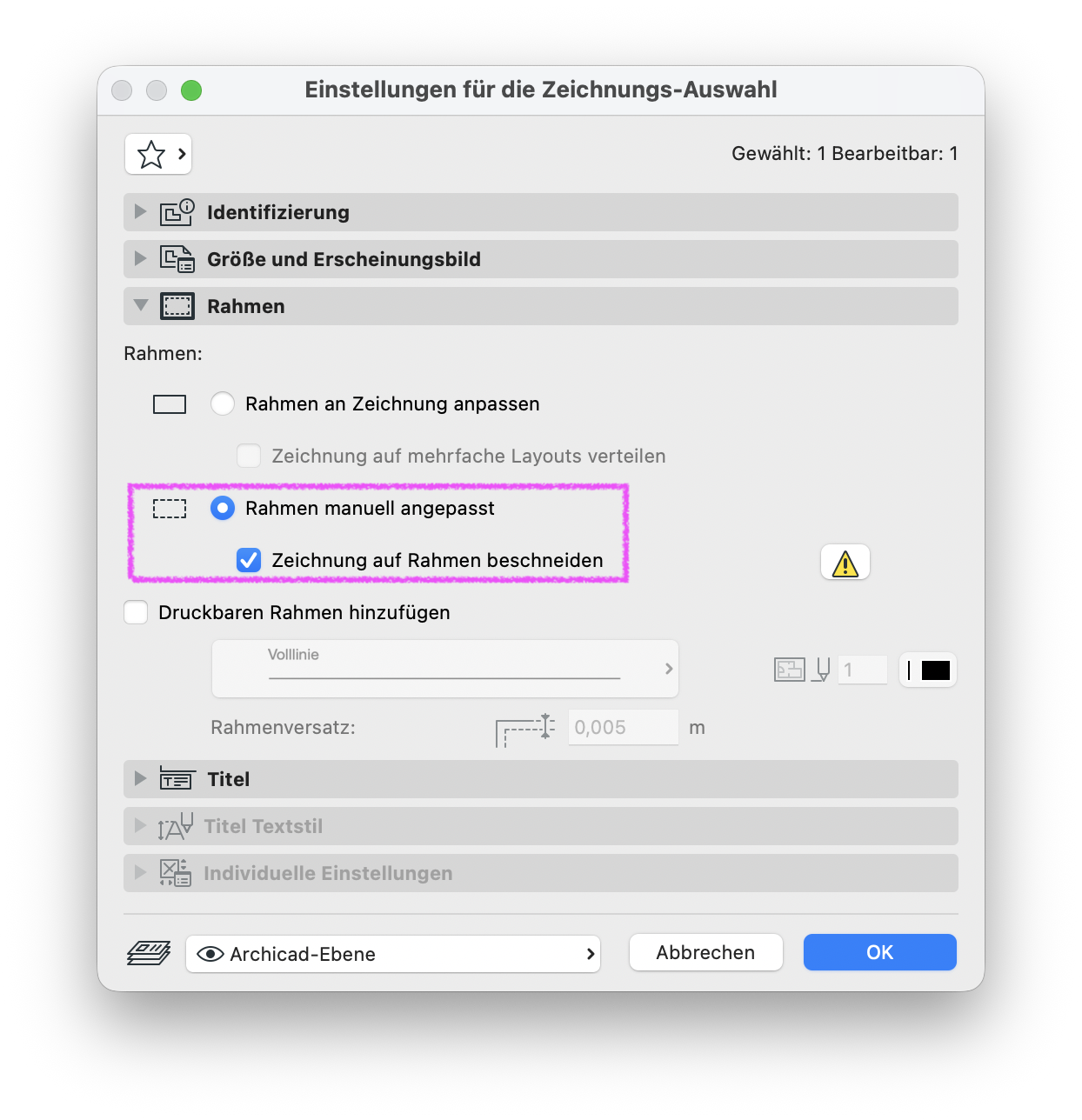 Zeichnungs-Einstellungen mit aktivier Option 'Rahmen manuell angepasst, Zeichnung auf Rahmen beschneiden' unter 'Rahmen' aktiv.