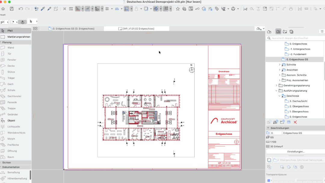 Zeichnung bleibt im Layout nach Aktualisierung mit Internen Zeichnungsursprung als Anker an der gleichen Position.