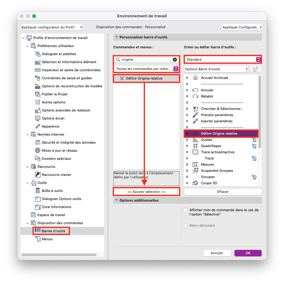 Capture d’écran d’Archicad montrant la fenêtre “Environnement de travail”. La section “Barres d’outils” est ouverte, la commande “Définir Origine relative” est recherchée, mise en évidence puis ajoutée à la barre d’outils Standard grâce à la flèche et au bouton “>> Ajouter sélection >>