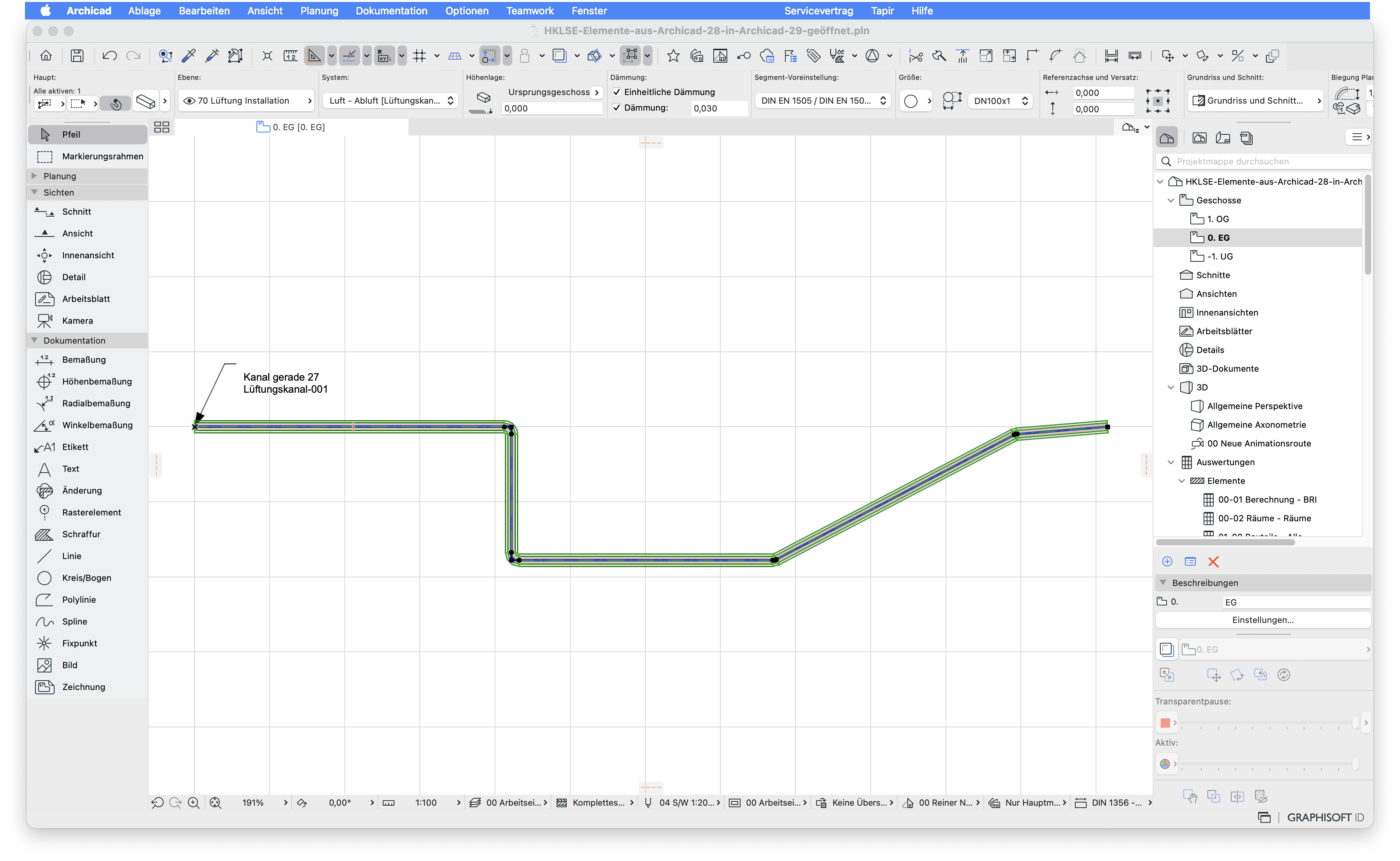 In Archicad 28 erstellte und anschließend migrierte HKLSE-Kanalführung, die in Archicad 29 ausgewählt ist.