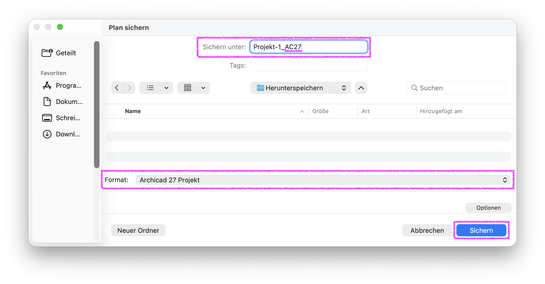 macOS‑Dialog Plan sichern beim Speichern eines Projekts, oben ist unter Sichern unter der Dateiname Projekt‑1_AC27 eingetragen und unten ist als Format ArchiCAD 27 Projekt gewählt bevor mit der Schaltfläche Sichern der Export des Plans ausgelöst wird.