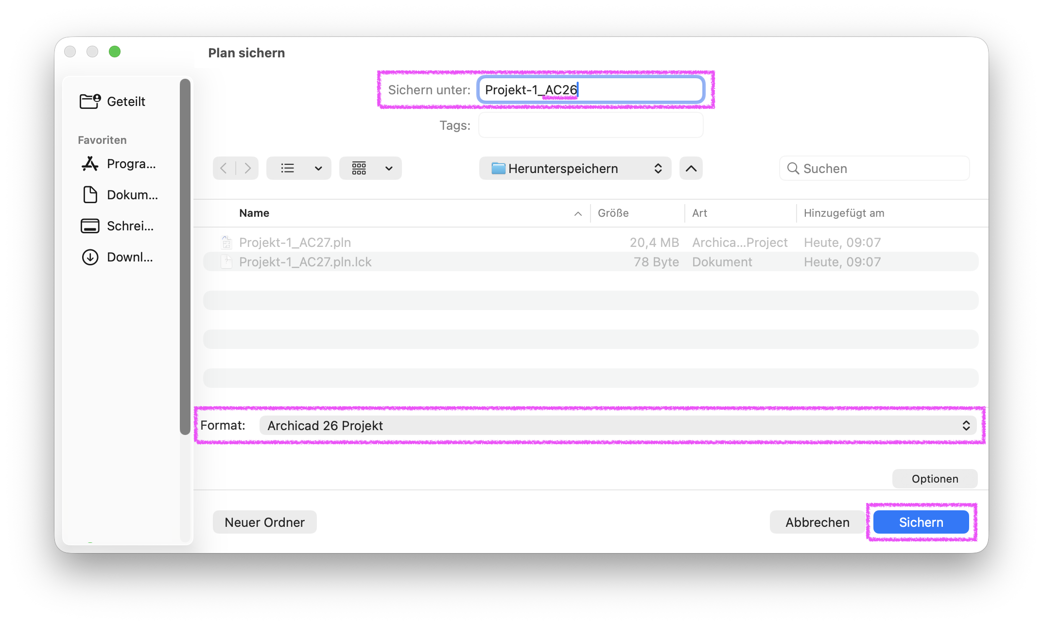macOS‑Dialog Plan sichern beim Abspeichern in ein älteres Projektformat, oben ist unter Sichern unter der Name Projekt‑1_AC26 eingetragen und unten ist als Format ArchiCAD 26 Projekt ausgewählt bevor mit der Schaltfläche Sichern die Datei im älteren Projektformat geschrieben wird.