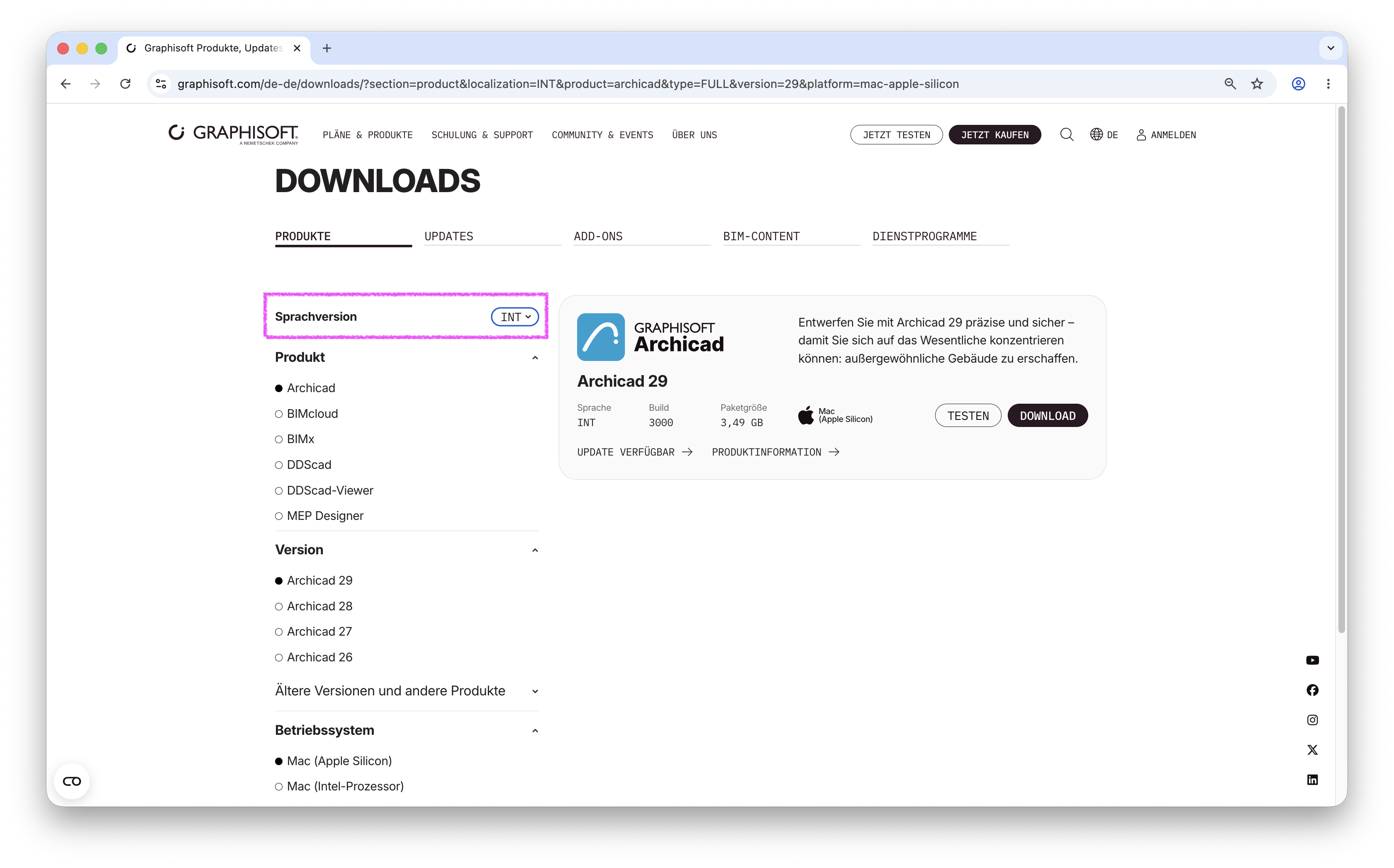 Webseite GRAPHISOFT DOWNLOADS mit der Auswahl der Sprachversion, im Dropdown‑Feld ist der Eintrag INT markiert um die internationale Version von Archicad 29 für Mac (Apple Silicon) herunterzuladen.