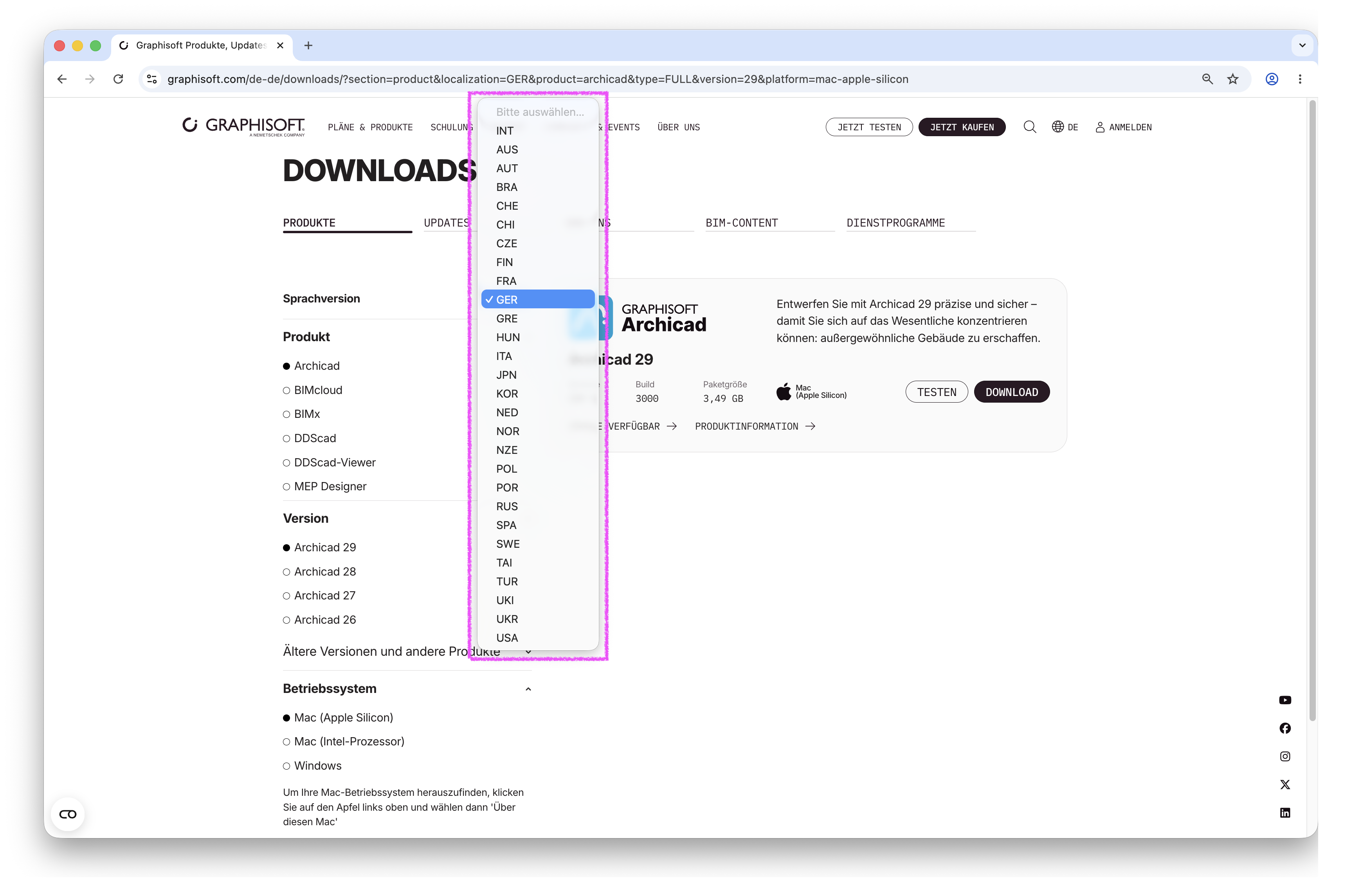 Webseite GRAPHISOFT DOWNLOADS im Browser mit geöffneter Auswahlliste für die Sprach‑ bzw. Länderversion, in der Dropdown‑Liste aller verfügbaren Sprachversionen ist der Eintrag GER markiert um die deutsche Vollversion von Version 29 herunterzuladen.
