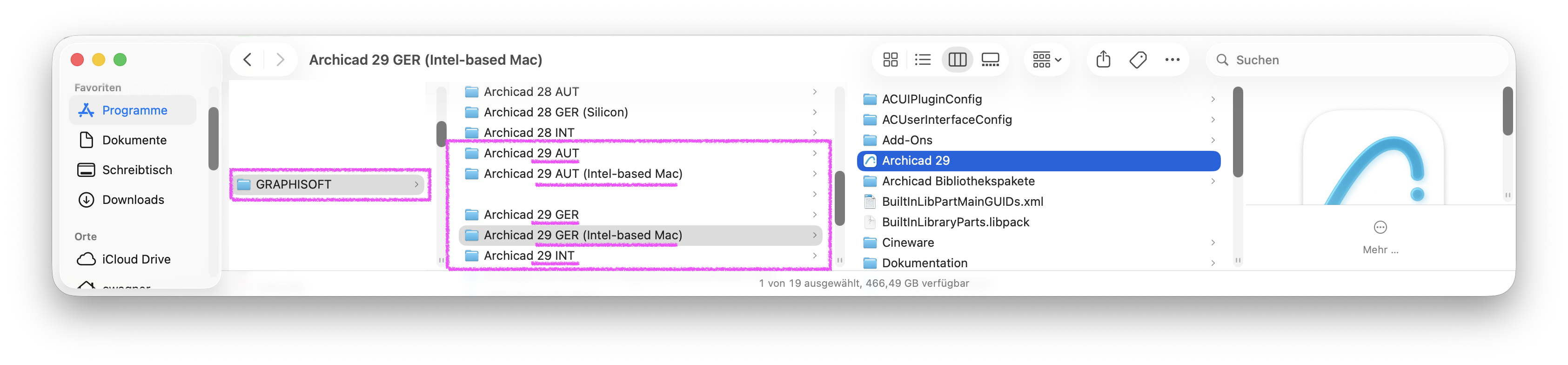 Finder‑Fenster unter Programme mit geöffnetem Ordner GRAPHISOFT, darin befinden sich getrennte Installationsordner wie ArchiCAD 29 AUT, ArchiCAD 29 GER (Intel‑based Mac) und ArchiCAD 29 INT, rechts ist im ausgewählten Länderordner das eigentliche Programm ArchiCAD 29 markiert.