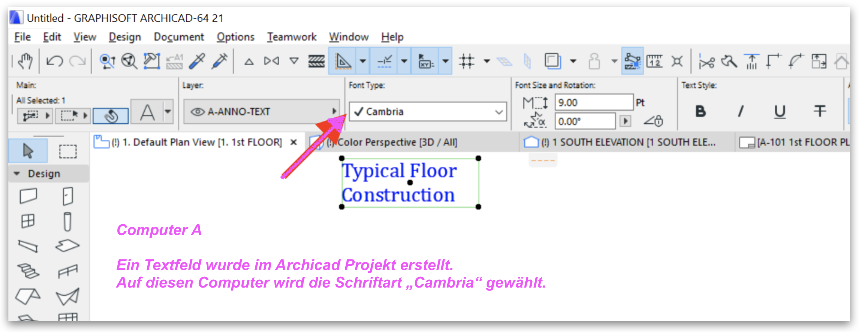 Schriftart "Cambria", die unter Windows in Archicad vorhanden ist.