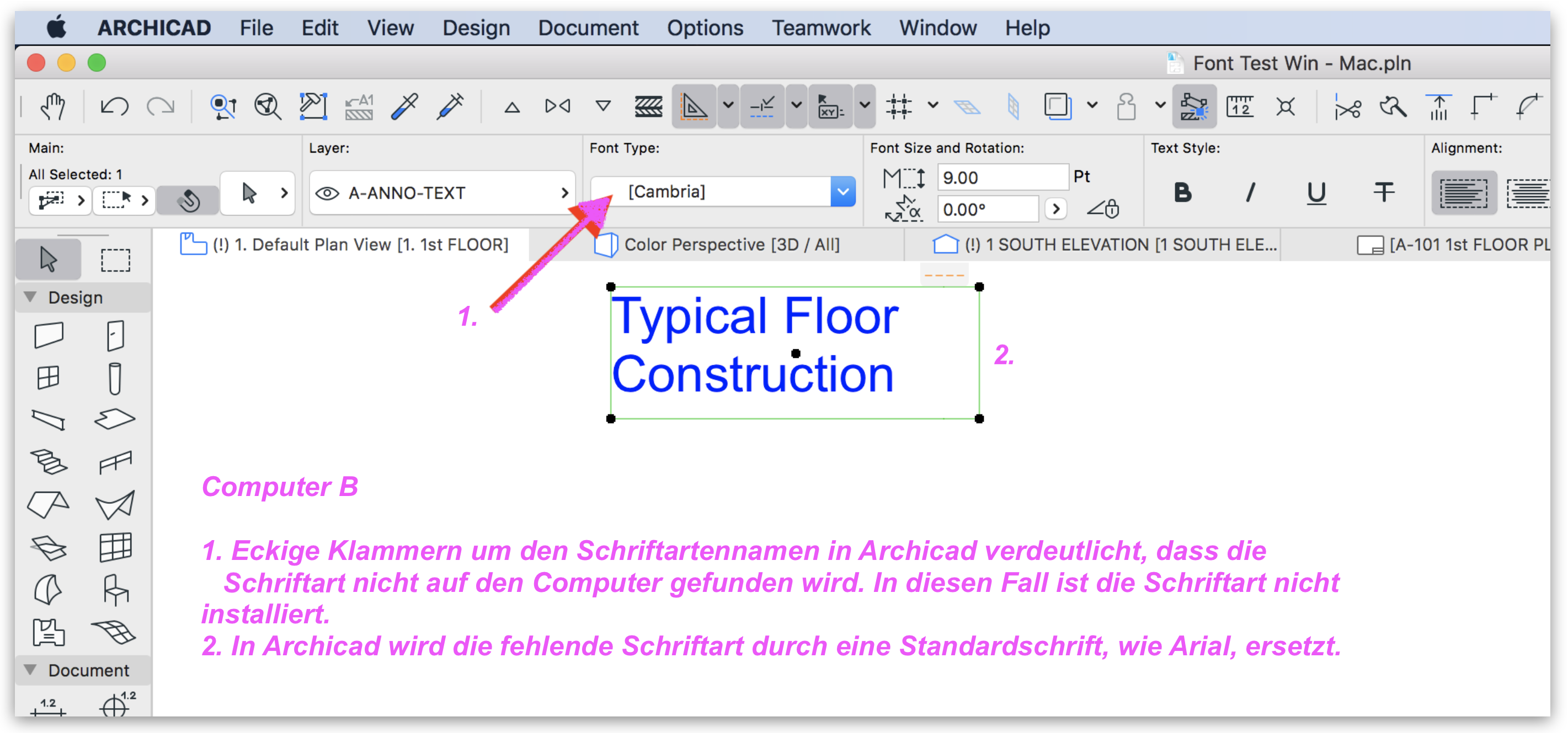 Schriftart "Cambria", die unter macOS in Archicad nicht vorhanden ist und deswegen mit eckigen Klammern in der Infoleiste für Auswahl angezeigt wird.