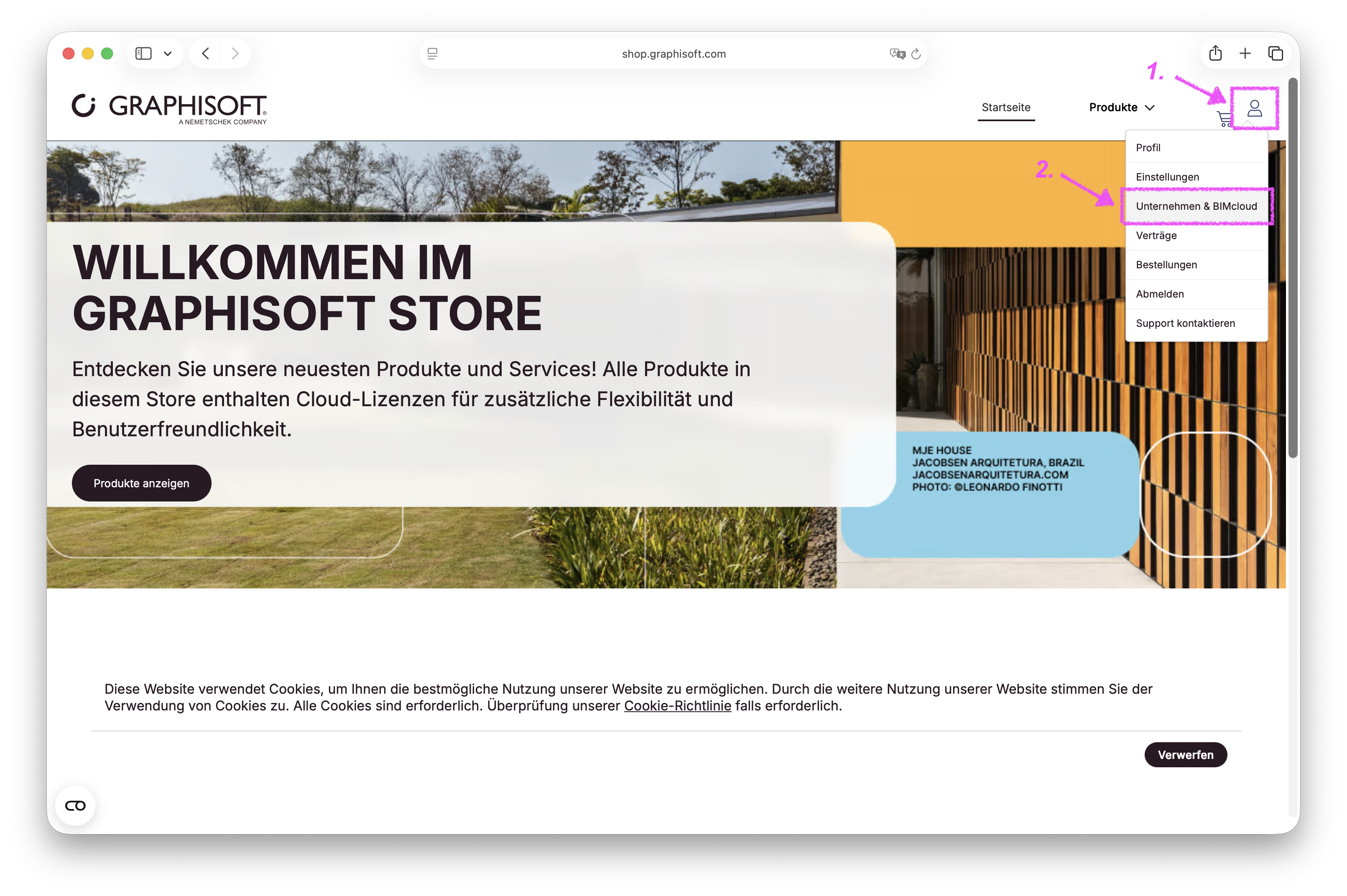 Der Graphisoft Store mit hervorgehobener Schaltfläche 'Unternehmen & BIMcloud' oben rechts für den angemeldeten Nutzer.