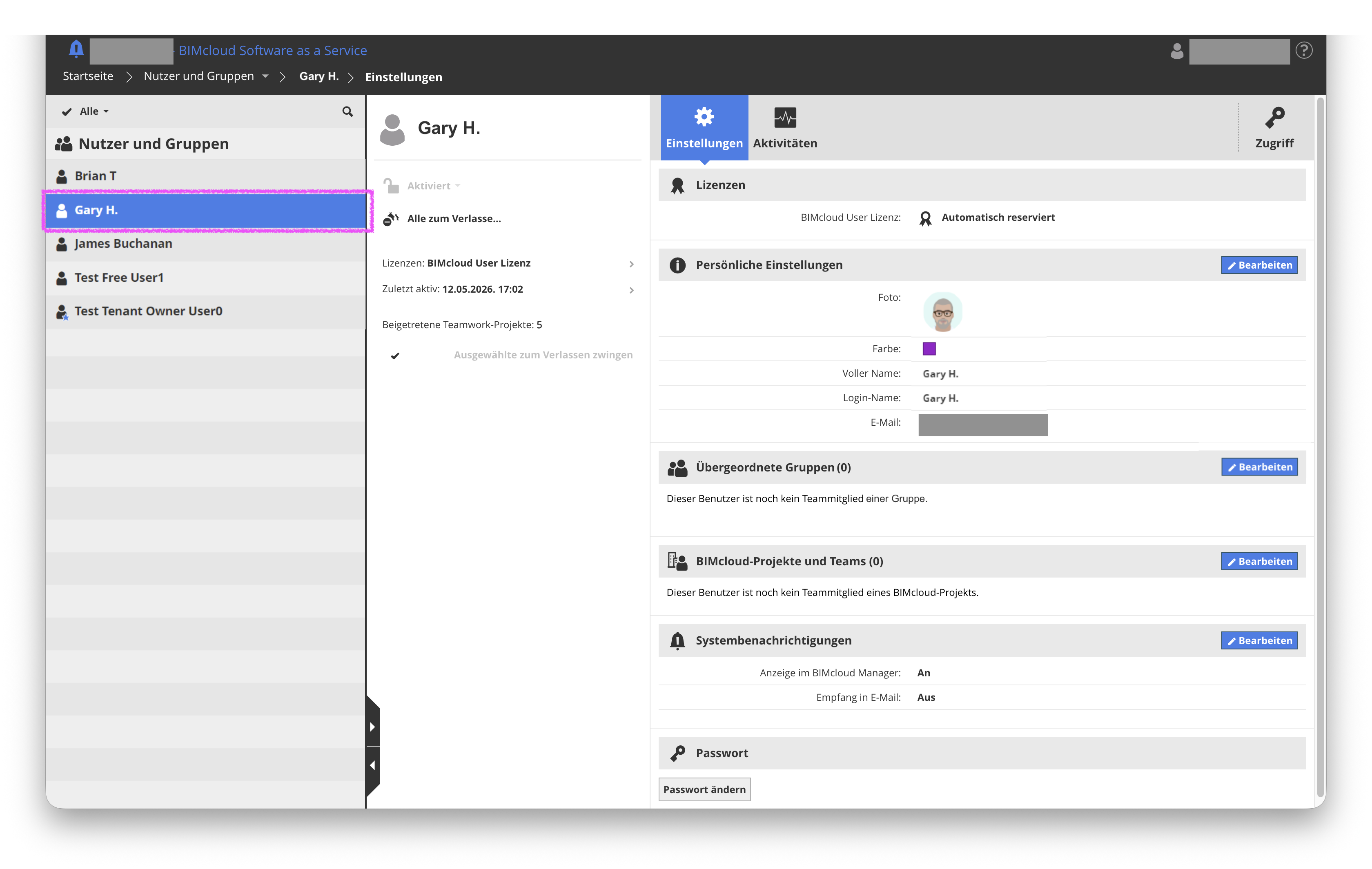 Ausgewählter Nutzer im BIMcloud Manager unter 'Nutzer und Gruppen'.