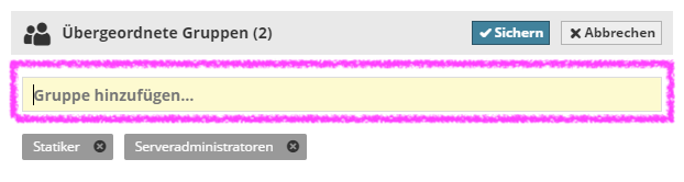 Übergeorndete Gruppen mit einer Auswahl von 'Statiker' und 'Serveradministratoren', sowie hervorgehobenes 'Gruppe hinzufügen...' Eingabefeld.