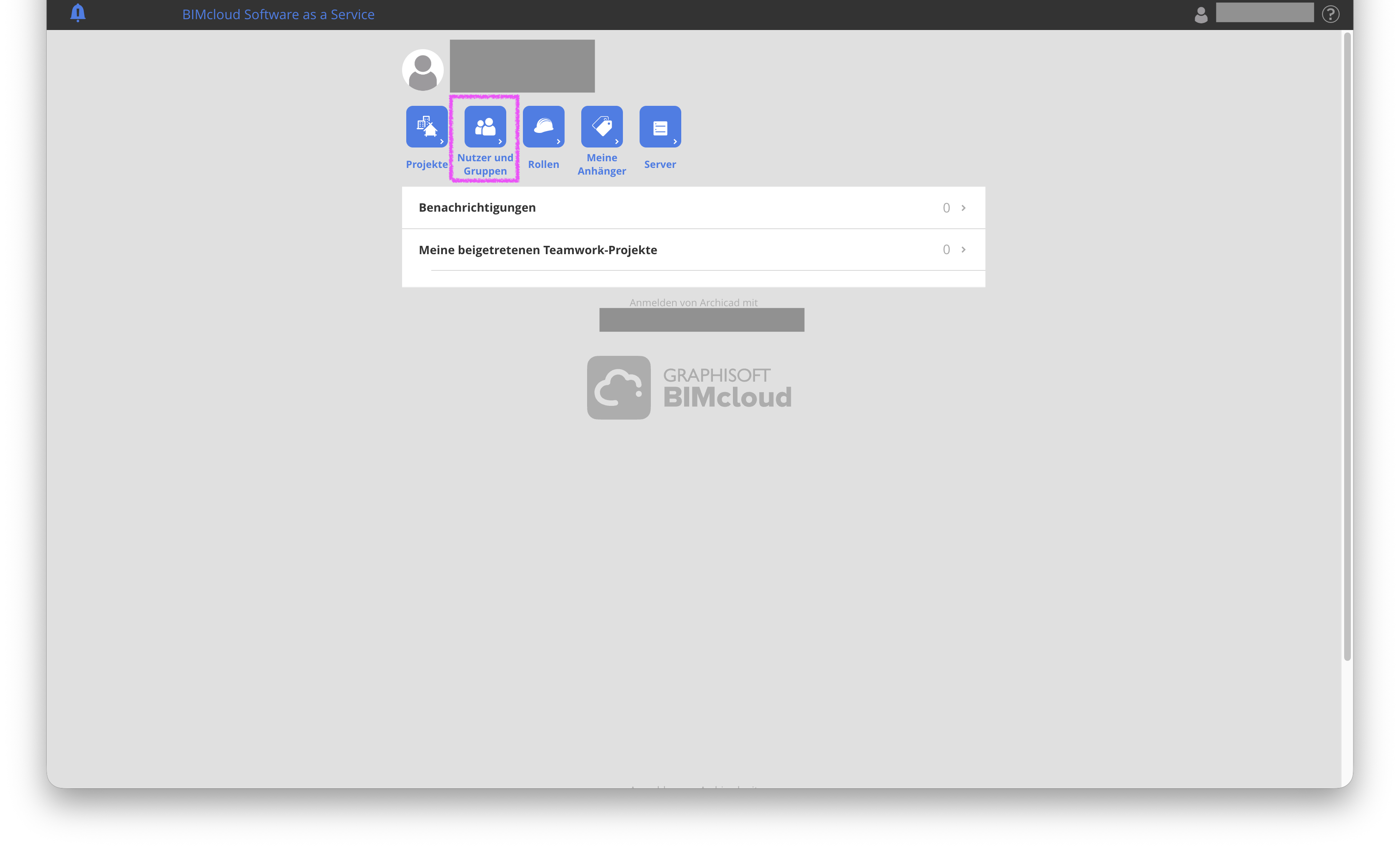 Startseite des BIMcloud Managers in der Weboberfläche mit hervorgehobener 'Nutzer und Gruppen' Schaltfläche.