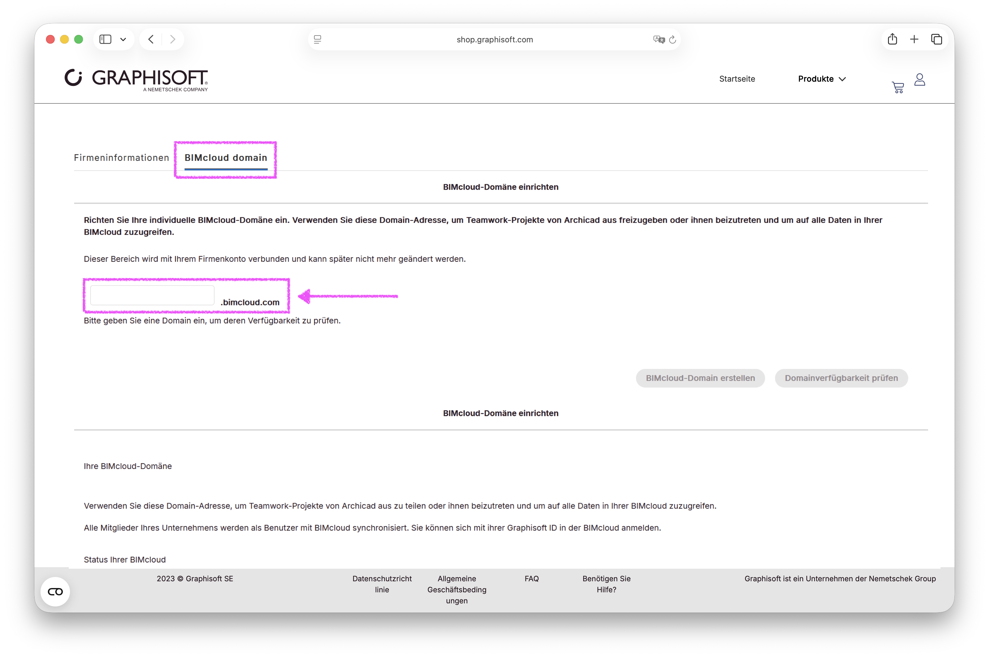 Graphisoft Store mit geöffneten BIMcloud-Domäne einrichten und hervorgehobener Adressleiste für die Eingabe.