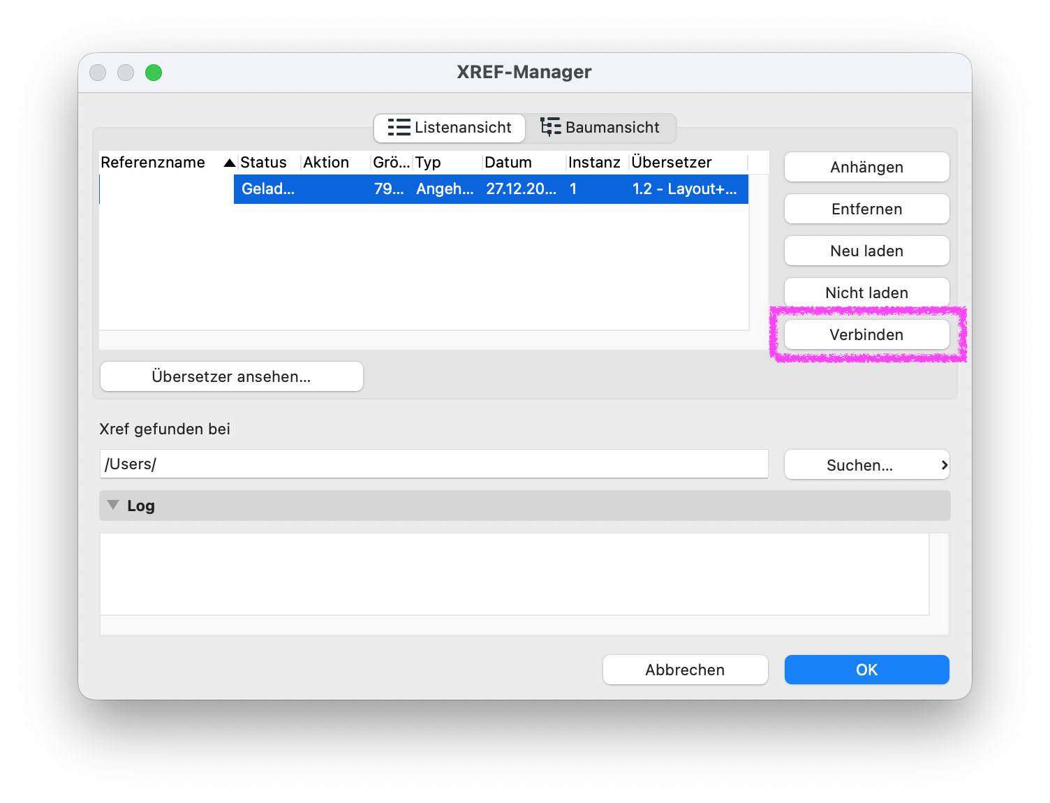 XREF-Manager mit markierter Schaltfläche **Verbinden** zum erneuten Verknüpfen einer nicht gefundenen oder getrennten XREF-Referenz.