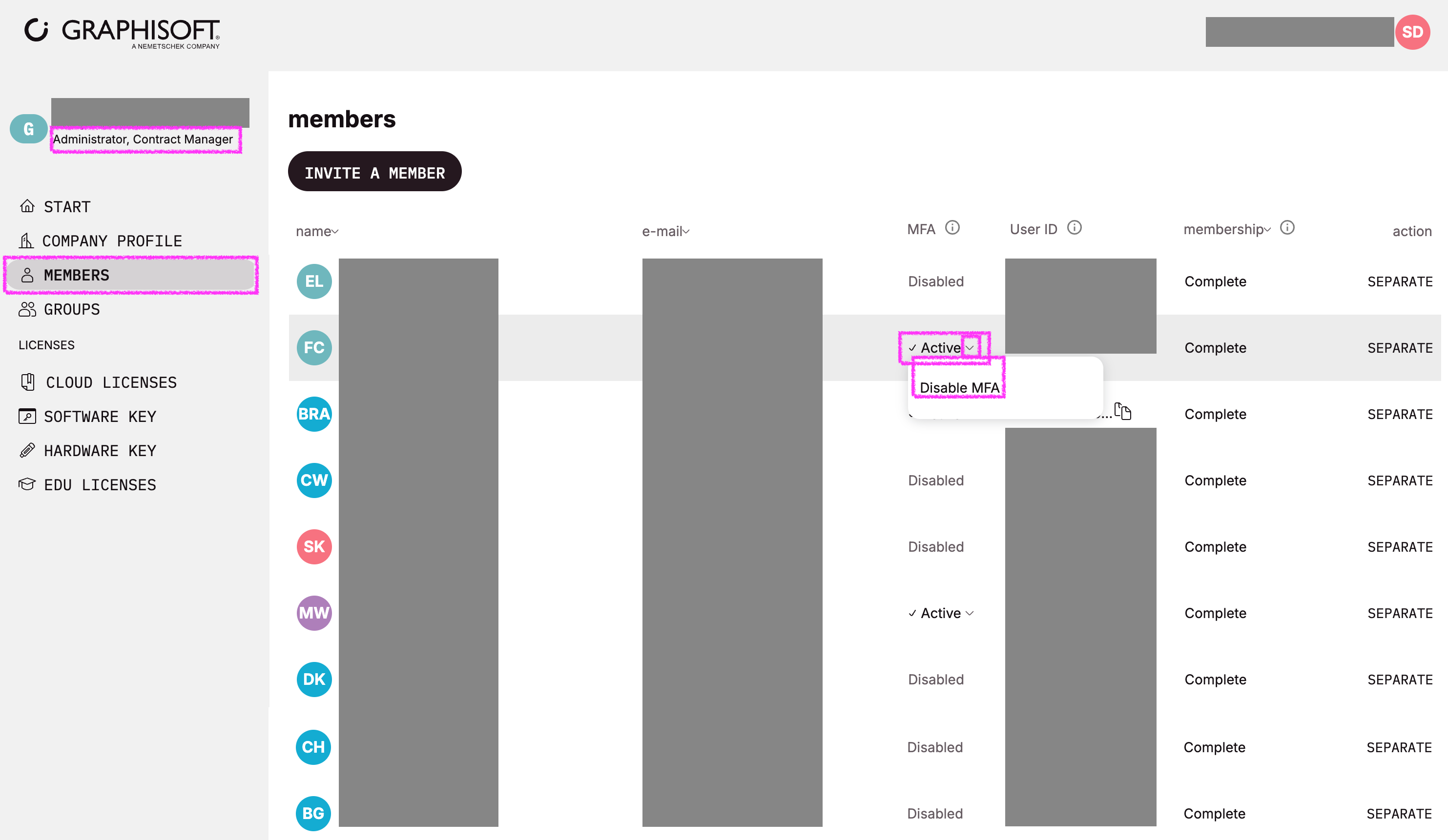 Signed in at Company Management Portal with Admin/Contract Manager. Members tab open and highlighted MFA options