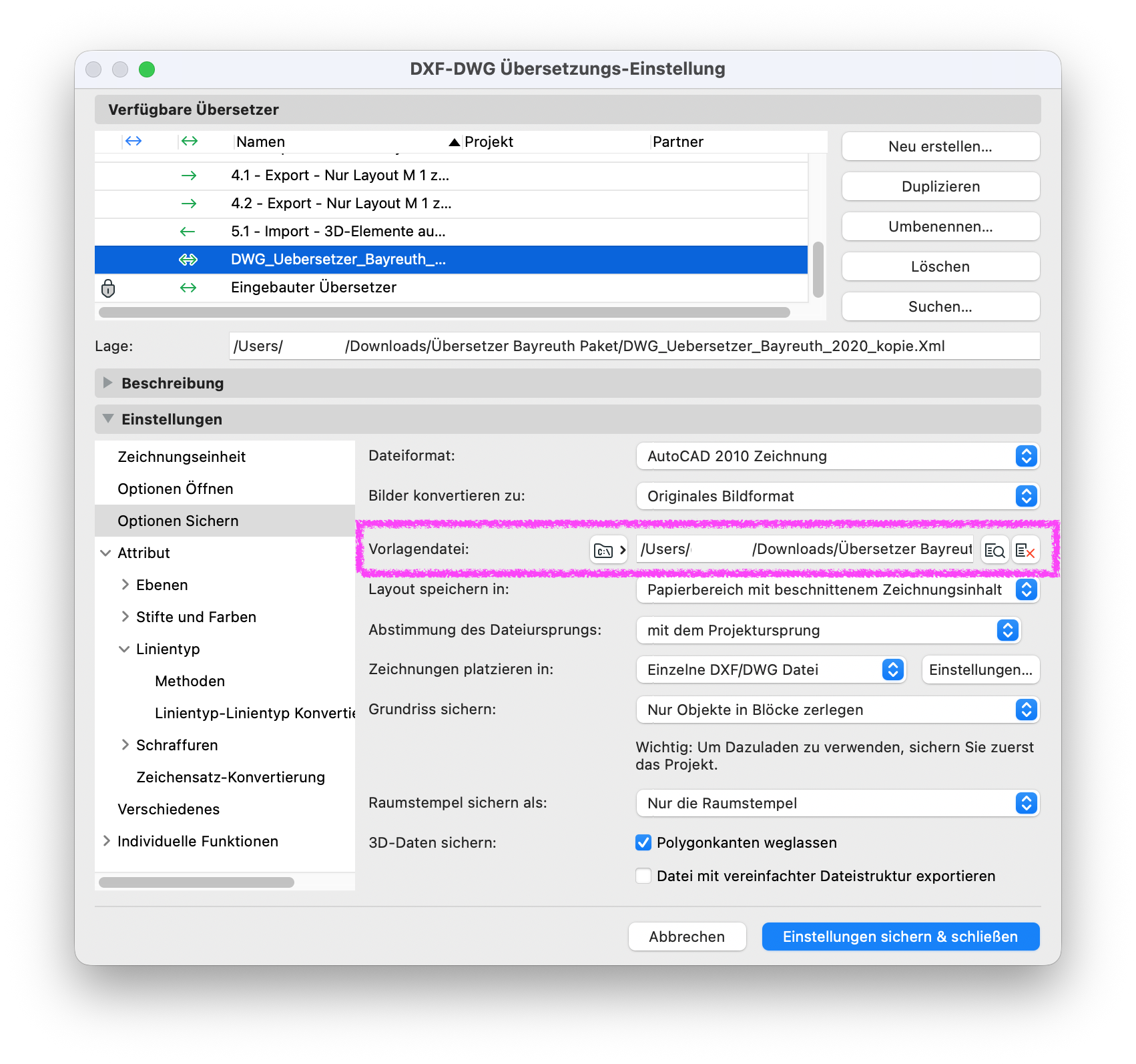DXF-DWG Übersetzungs-Einstellung mit markiertem Feld **Vorlagendatei**, in dem die zugewiesene DWG-Vorlage für den Export oder Import angezeigt und verwaltet wird.