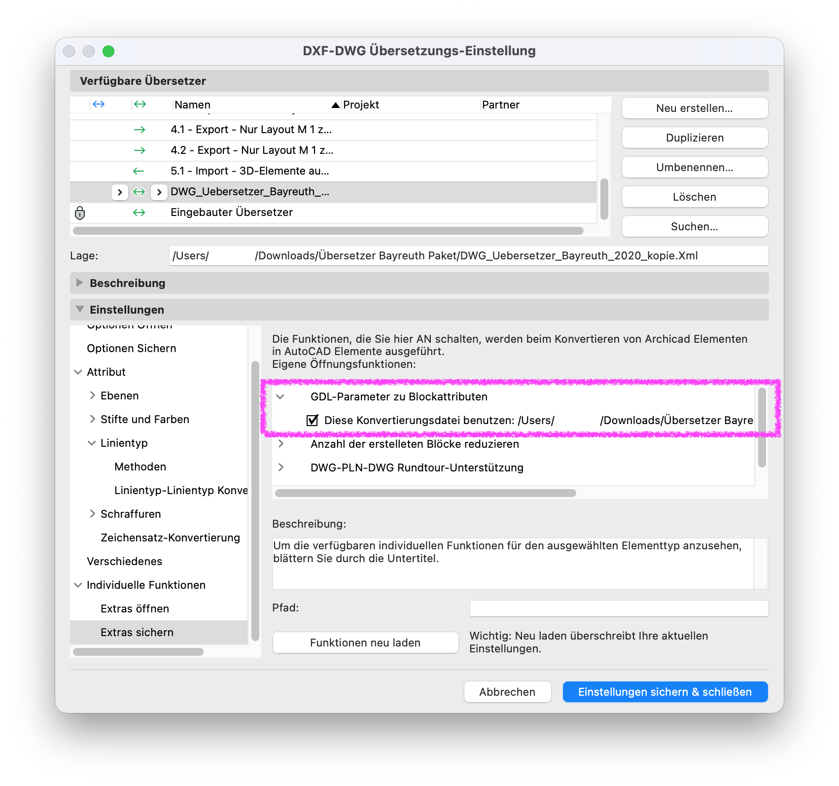 DXF-DWG Übersetzungs-Einstellung im Bereich **Individuelle Funktionen**, mit aktivierter Option **GDL-Parameter zu Blockattributen** und ausgewählter Konvertierungsdatei zur Übertragung von GDL-Parametern als DWG-Blockattribute.