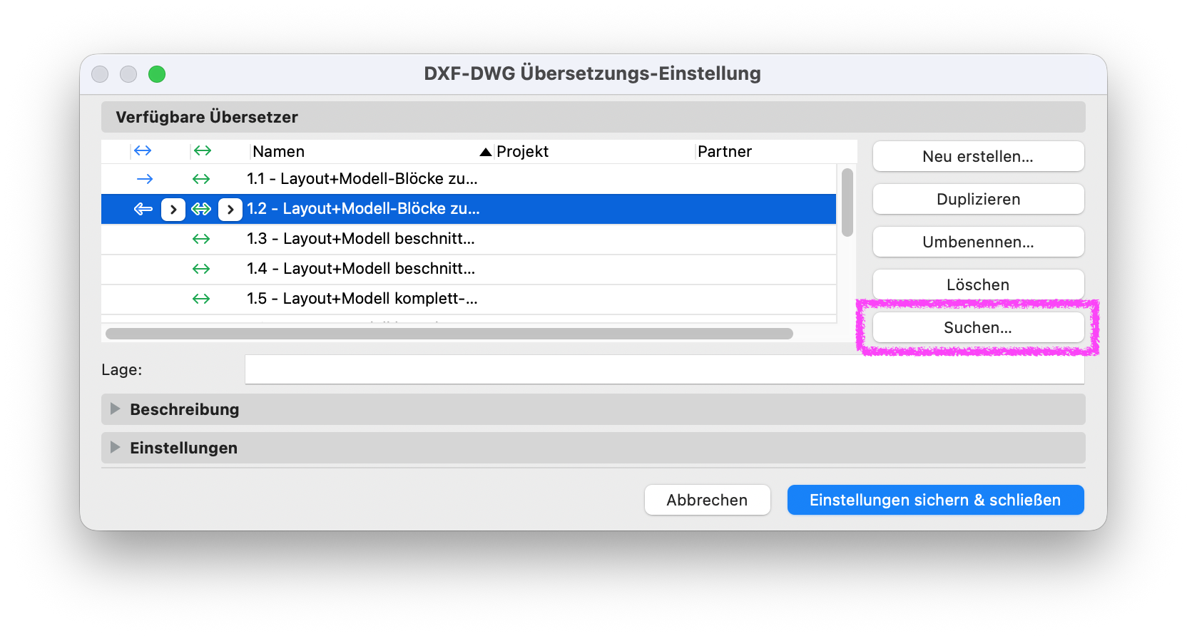 DXF-DWG Übersetzungs-Einstellung mit markierter Schaltfläche **Suchen...** zum Auswählen oder Verknüpfen eines vorhandenen Übersetzers aus einem anderen Speicherort.