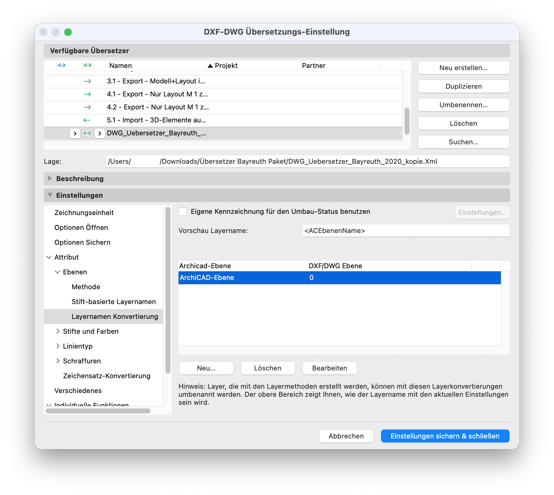 DXF-DWG Übersetzungs-Einstellung im Bereich **Attribute > Ebenen > Layernamen Konvertierung** mit einer Zuordnung von Archicad-Ebenen zu definierten DWG-Ebenen für den Export auf vorgegebene Layerstrukturen.