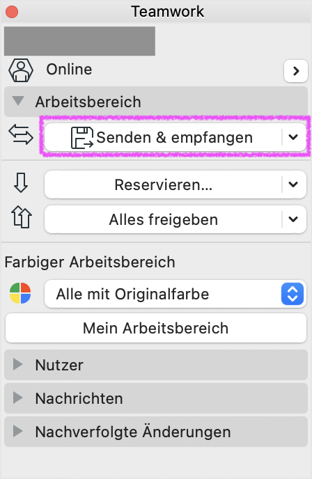 Teamwork‑Palette mit geöffnetem Bereich Arbeitsbereich, dort ist die Schaltfläche Senden & empfangen hervorgehoben über die lokale Änderungen mit dem BIMcloud‑Server synchronisiert werden.