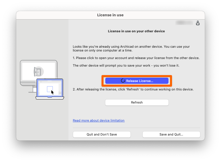 License in use dialog indicating that the License in use on your other device, indicating to press the "Release license" button.
