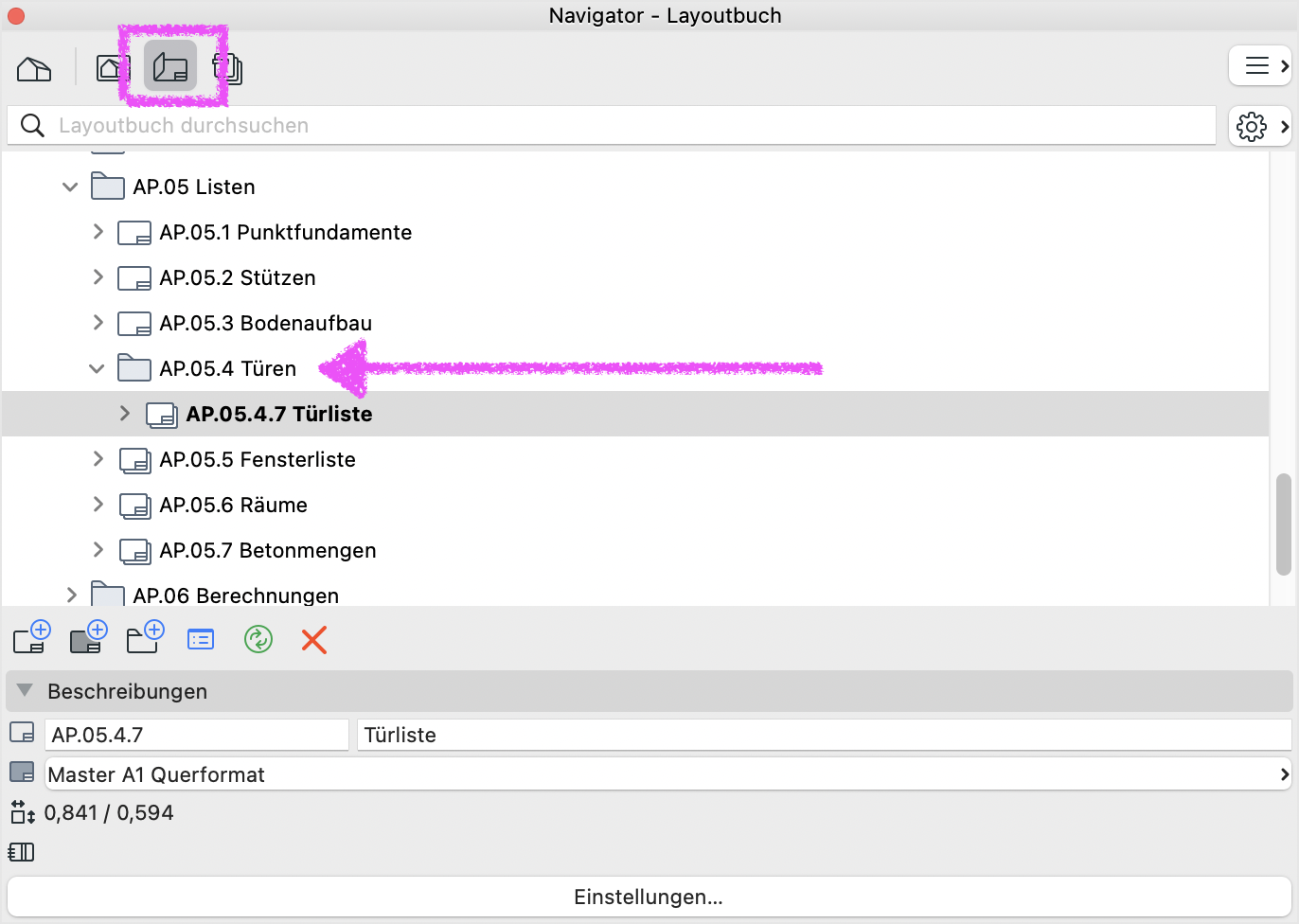 Navigator im **Layoutbuch** mit ausgewählter Registerkarte **Layoutbuch** und markierter Türliste innerhalb eines Unterordners. Die Auswertungslisten sind in einem gemeinsamen Ordner organisiert, um die automatische Seitennummerierung innerhalb der Untergruppe zu ermöglichen.