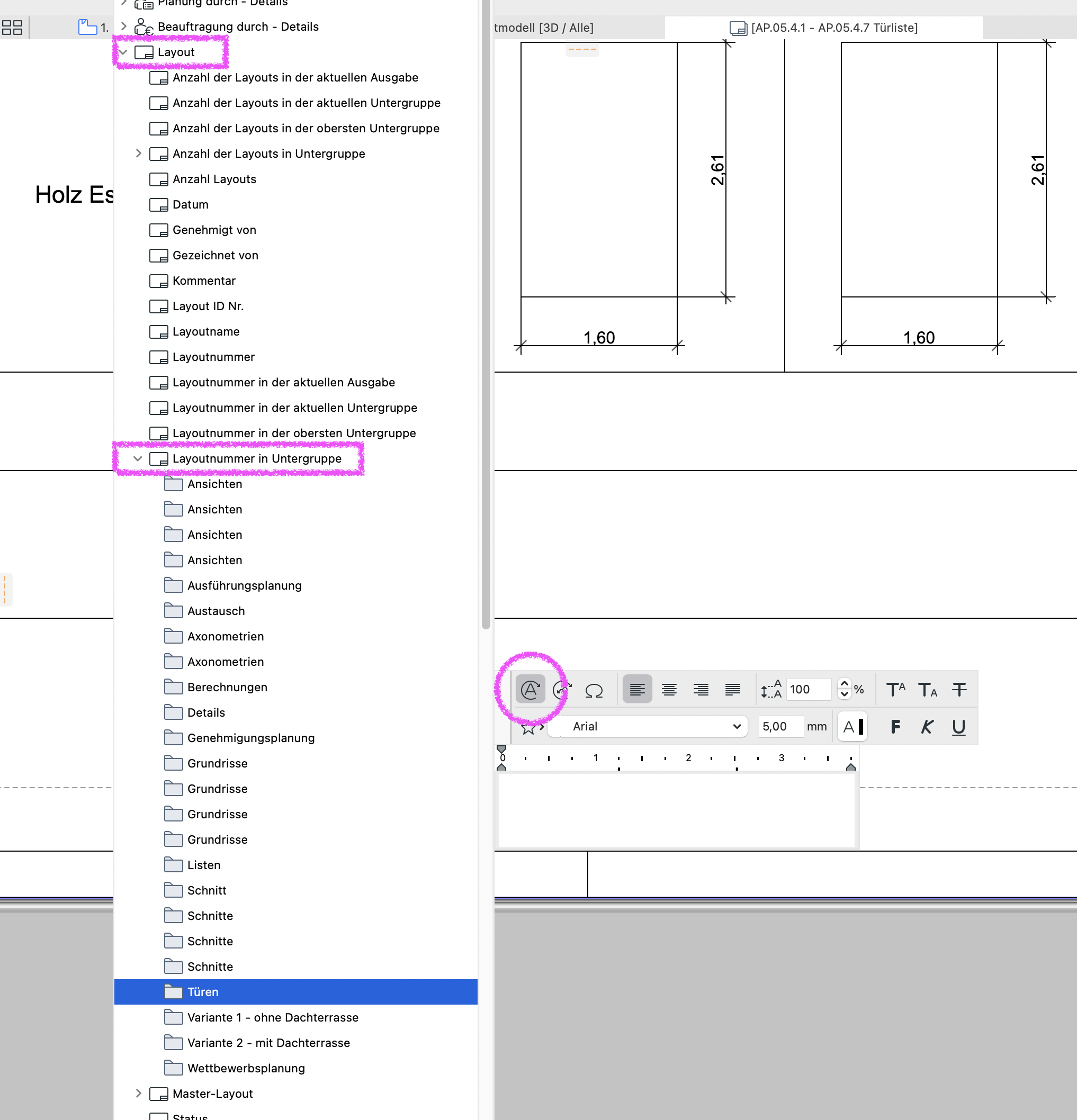 Autotext-Auswahl mit geöffneter Kategorie **Layout** und ausgewähltem Autotext **Layoutnummer in Untergruppe**. Der Autotext wird über die Schaltfläche **Autotext einfügen** in ein Textfeld auf dem Layout eingefügt und gibt die aktuelle Seitennummer innerhalb des Unterordners aus.