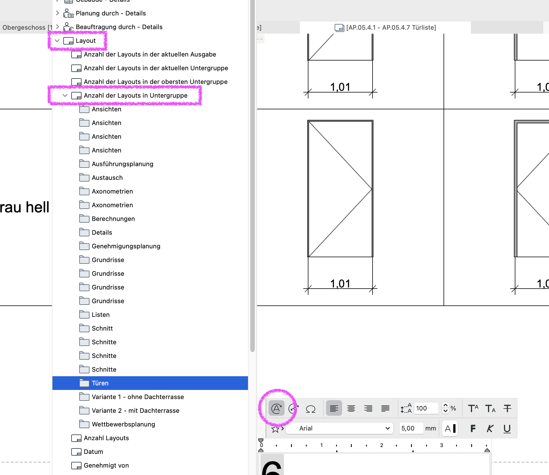 Autotext-Auswahl mit geöffneter Kategorie **Layout** und ausgewähltem Autotext **Anzahl der Layouts in Untergruppe**. Der Autotext wird über die Schaltfläche **Autotext einfügen** in ein Textfeld auf dem Layout eingefügt und gibt die Gesamtanzahl der Layouts innerhalb des Unterordners aus.