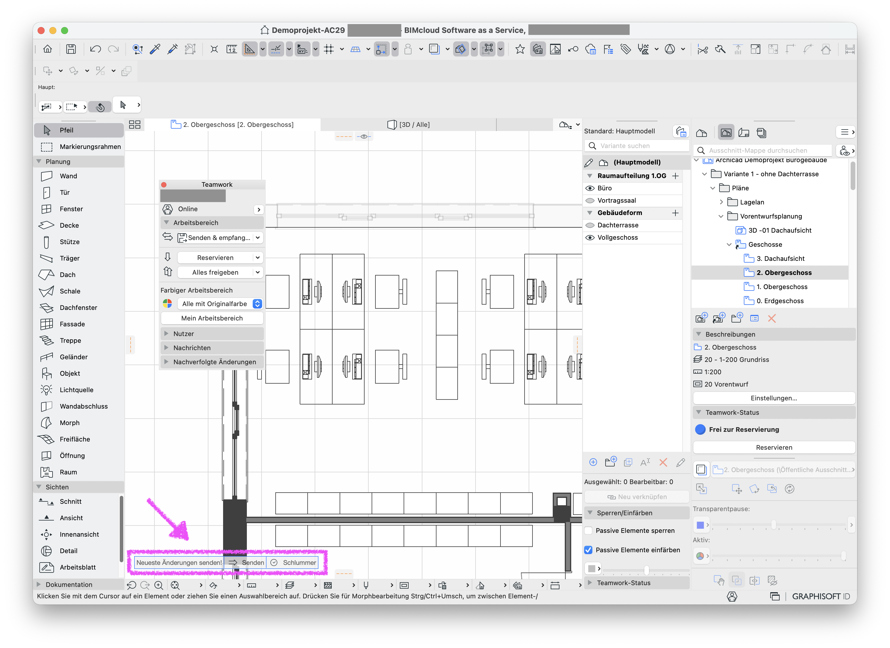 Grundriss eines Teamwork‑Projekts mit geöffneter Teamwork‑ Palette, unten rechts ist die Schaltfläche Neueste Änderungen senden, Senden und Schlummern hervorgehoben über die lokale Änderungen an den BIMcloud‑Server gesendet werden können.