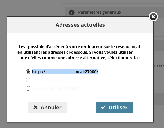 Fenêtre « Adresses actuelles » de BIMcloud Basic Manager, expliquant que l’ordinateur est accessible sur le réseau local via plusieurs URL. Une adresse locale http sélectionnée par bouton radio est surlignée, avec en bas les boutons « Annuler » et « Utiliser ».