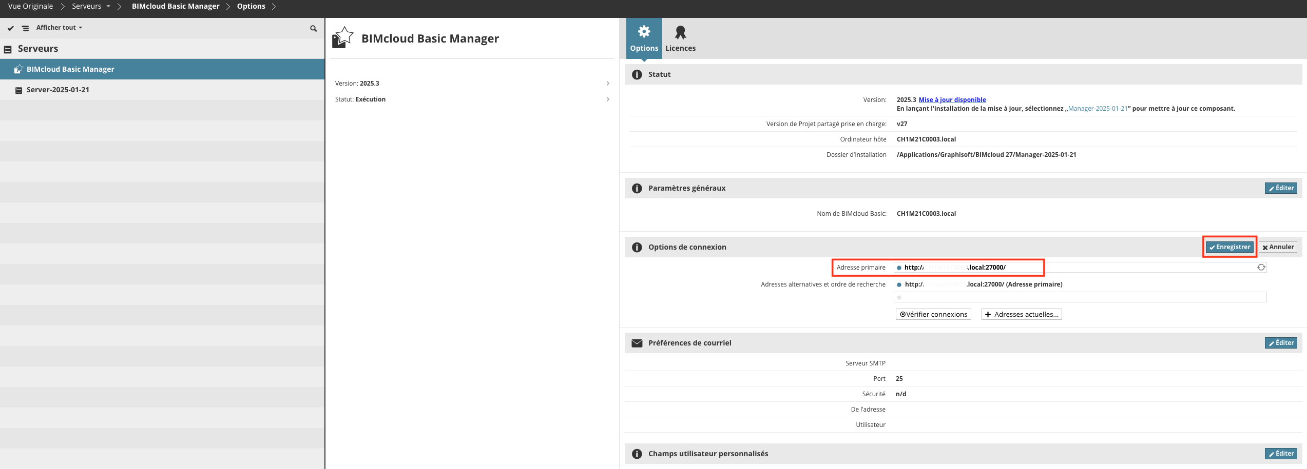 Interface BIMcloud Basic Manager pour Archicad 27, onglet « Options » avec la section « Options de connexion » en mode édition. L’adresse primaire du serveur est définie sur une URL locale suivie du port 27000, encadrée en rouge, et le bouton « Enregistrer » est également surligné pour confirmer la nouvelle adresse.