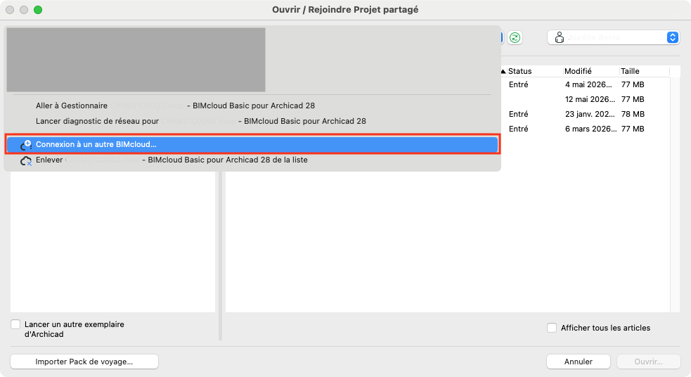Boîte de dialogue Archicad « Ouvrir / Rejoindre Projet partagé » montrant le menu contextuel d’un serveur BIMcloud. L’option « Connexion à un autre BIMcloud… » est sélectionnée et encadrée en rouge au milieu de la liste des actions disponibles.