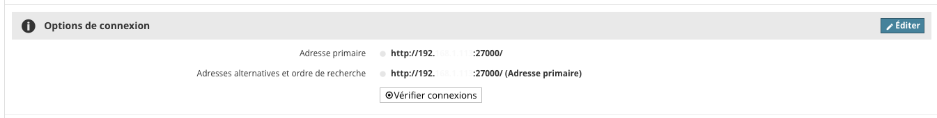  Section « Options de connexion » de BIMcloud Basic affichant l’adresse primaire du serveur et une adresse alternative identique marquée « Adresse primaire », avec un bouton « Vérifier connexions » et le bouton « Éditer » en haut à droite.