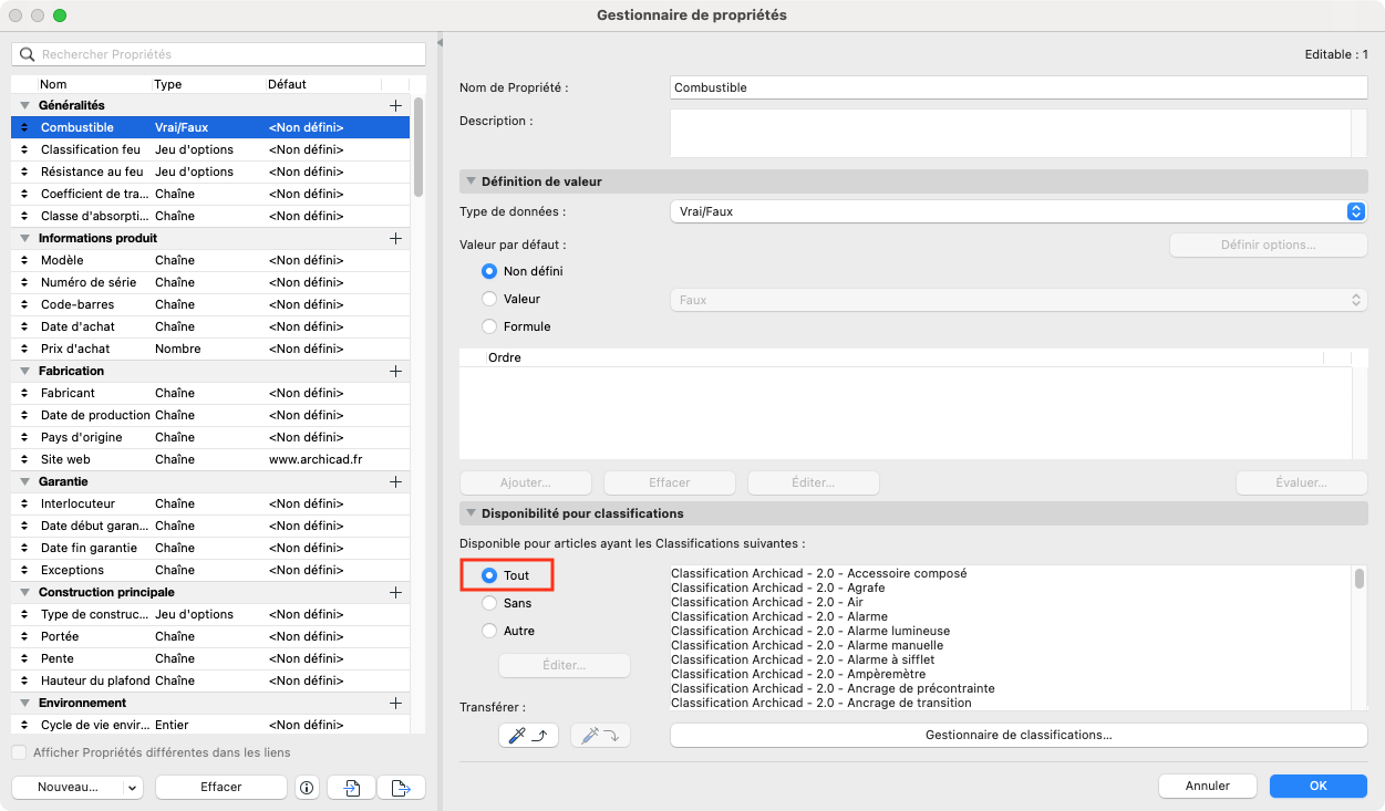 Fenêtre « Gestionnaire de propriétés » d’Archicad avec la propriété « Combustible » sélectionnée dans la liste de gauche. Le panneau de droite affiche le type de données « Vrai/Faux », et dans la section « Disponibilité pour classifications », l’option « Tout » est activée et encadrée en rouge, indiquant que la propriété est disponible pour toutes les classifications listées.