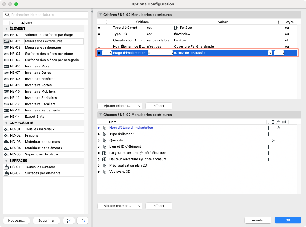 Fenêtre « Options Configuration » d’Archicad montrant la nomenclature « NE‑02 Menuiseries extérieures ». Dans le volet central, les critères incluent plusieurs lignes et la condition « Étage d’implantation = 0. Rez‑de‑chaussée » est sélectionnée et encadrée en rouge, tandis que le bas de la fenêtre liste les champs de cette nomenclature.