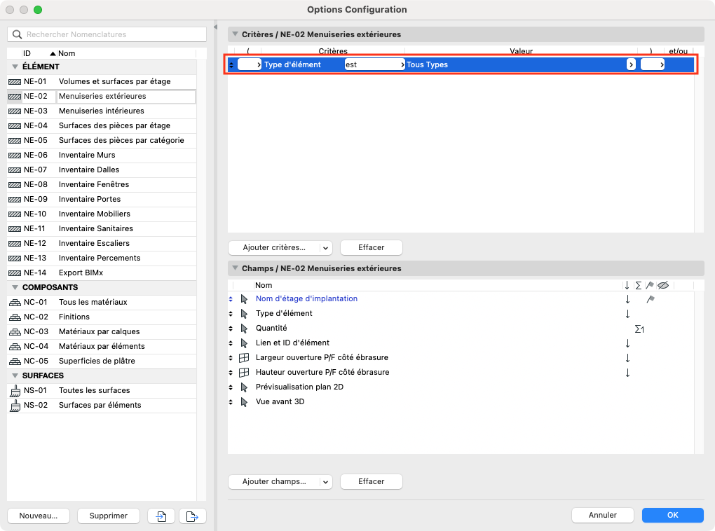 Fenêtre « Options Configuration » d’Archicad pour la nomenclature « NE‑02 Menuiseries extérieures ». Dans la zone des critères, une seule ligne est définie : « Type d’élément est Tous Types », mise en surbrillance et encadrée en rouge, tandis que la liste des champs de la nomenclature apparaît dans le volet inférieur.