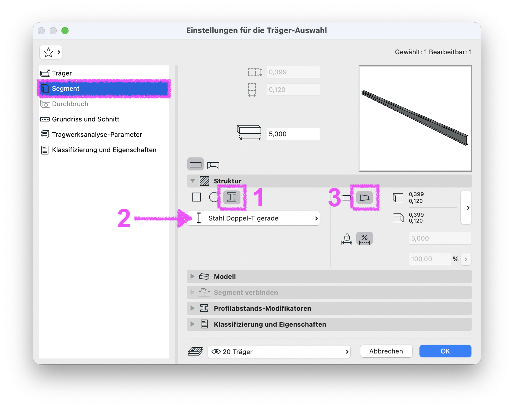 Dialogfenster "Einstellungen für die Träger-Auswahl" mit hervorgehobener Rubrik "Segment". Unter der Rubrik "Struktur" ist als Struktur "Komplexes Profil" markiert und im Dropdown-Menü das entspr. Profil ausgewählt. Des Weiteren ist die Option "Verjüngte Größe" markiert.