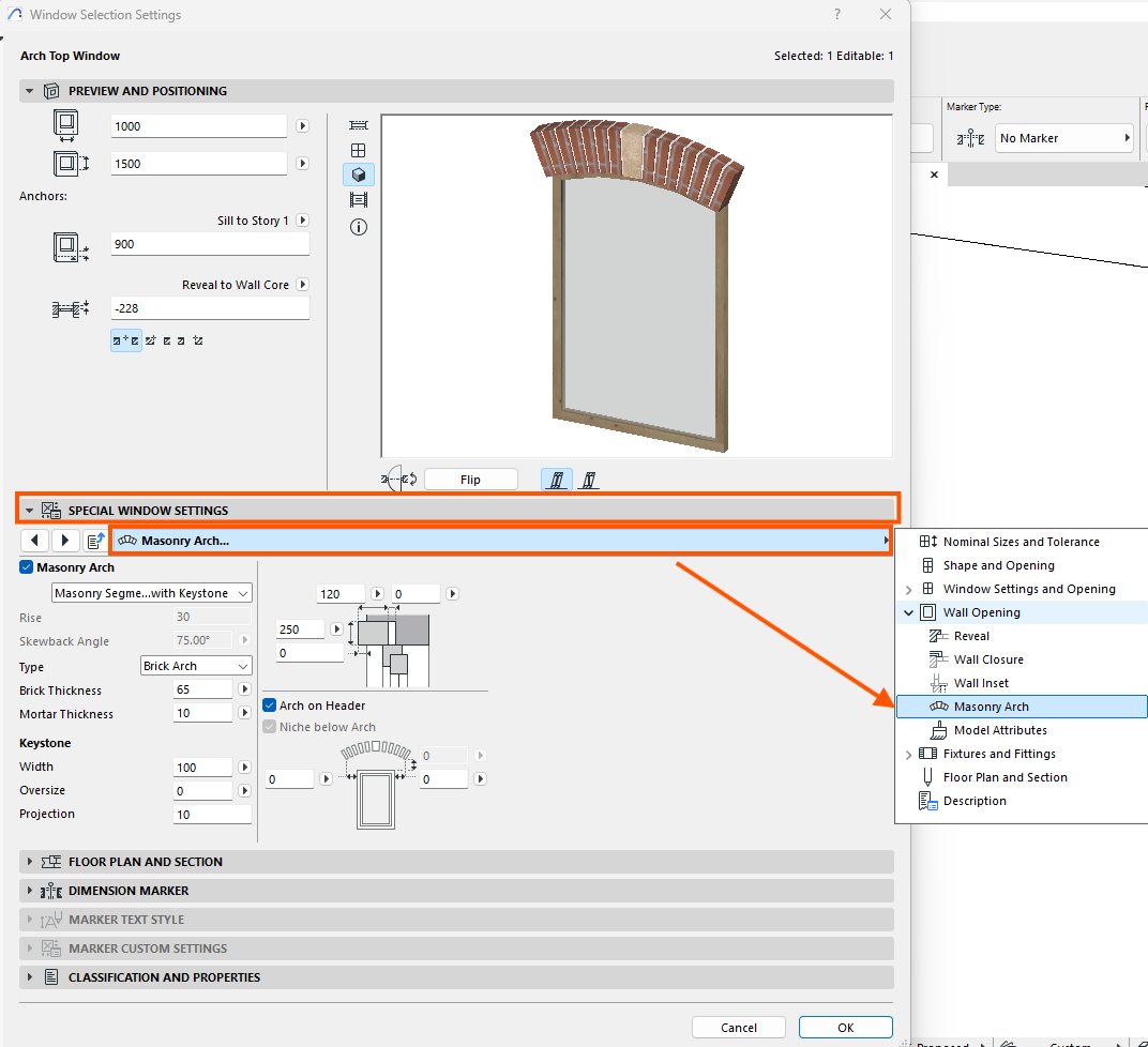 Fenêtre de réglages Archicad « Paramètres de sélection de fenêtre » affichant un aperçu 3D d’une fenêtre avec arc en briques, et la section « Réglages spéciaux de la fenêtre > Arc en maçonnerie » ouverte, montrant les options de type d’arc, épaisseur des briques, clé de voûte et paramètres de niche sous le linteau.