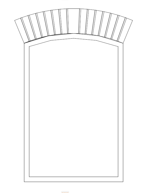 Dessin en élévation d’une fenêtre rectangulaire avec encadrement simple, surmontée d’un arc surbaissé composé de claveaux rayonnants régulièrement espacés formant un linteau décoratif au‑dessus de la baie