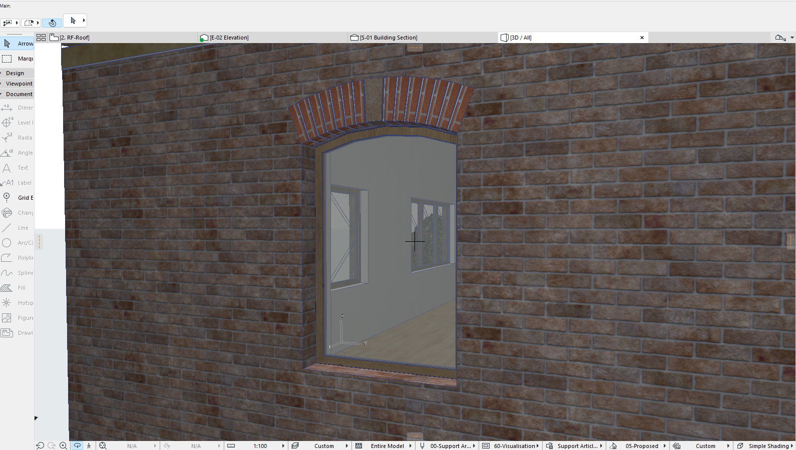 Vue 3D rapprochée dans Archicad d’un mur en briques avec une fenêtre rectangulaire surmontée d’un arc en briques segmentaire avec clé de voûte, montrant le rendu final de l’arc de maçonnerie au‑dessus de la baie vitrée