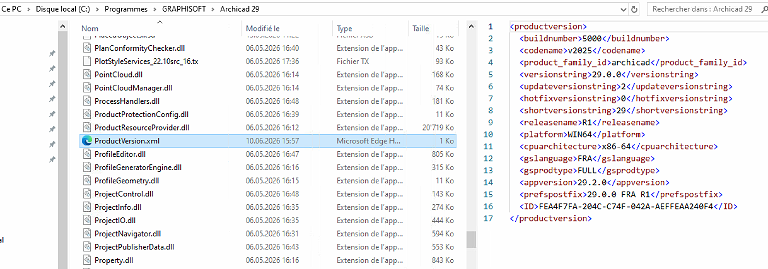Capture d’écran de l’Explorateur Windows dans le dossier « Archicad 29 » avec le fichier « ProductVersion.xml » sélectionné, et à droite le contenu XML indiquant build 5020, version « 29.0.0 », langue FRA et autres informations produit.