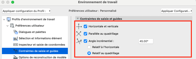 Alt-text : Fenêtre Archicad « Environnement de travail » affichant la rubrique « Contraintes de saisie et guides » des préférences utilisateur, avec les options cochées pour l’alignement horizontal et vertical, l’angle incrémentiel à 45° et le mode « Relatif au quadrillage », encadrées en rouge.