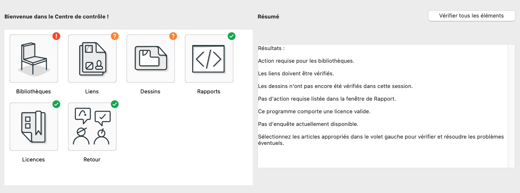 Fenêtre « Centre de contrôle » d’Archicad en français, avec à gauche des tuiles Bibliothèques, Liens, Dessins, Rapports, Licences et Retour, chacune avec une icône d’état, et à droite la zone « Résumé » listant les actions requises et le bouton « Vérifier tous les éléments » en haut à droite.