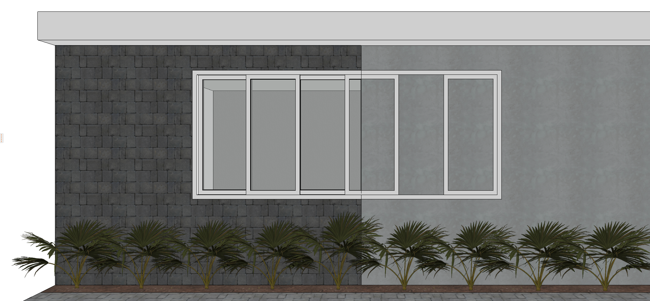 Façade Archicad montrant une fenêtre posée sur un mur composite : l’ouverture traverse uniquement la première couche en parement de pierre sombre et ne perce pas le deuxième mur d’enduit gris situé derrière, avec une rangée d’arbustes au pied du mur.